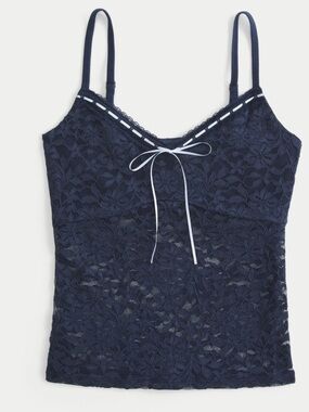 Hollister Lace Cami Top XL Navy Blue Y2K Coquette Ribbon Bow Tank
